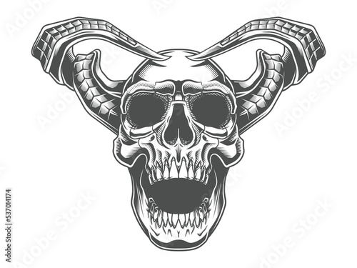 Devil skull. Vector illustration in engraving technique of human skull with twisted horns.