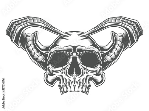 Devil skull. Vector illustration in engraving technique of human skull with twisted horns.