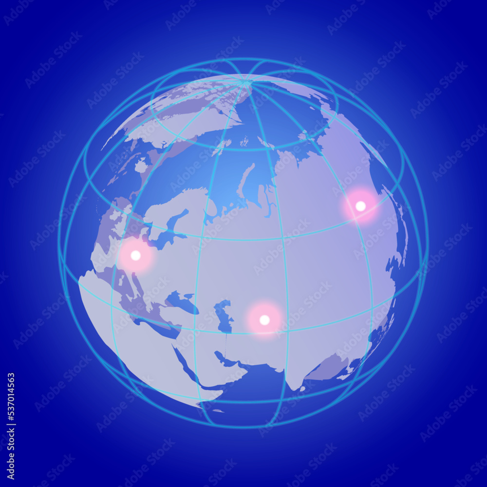 Obraz premium Neon glowing isometric globe on a blue background with red glowing dots. Earth. Vector illustration