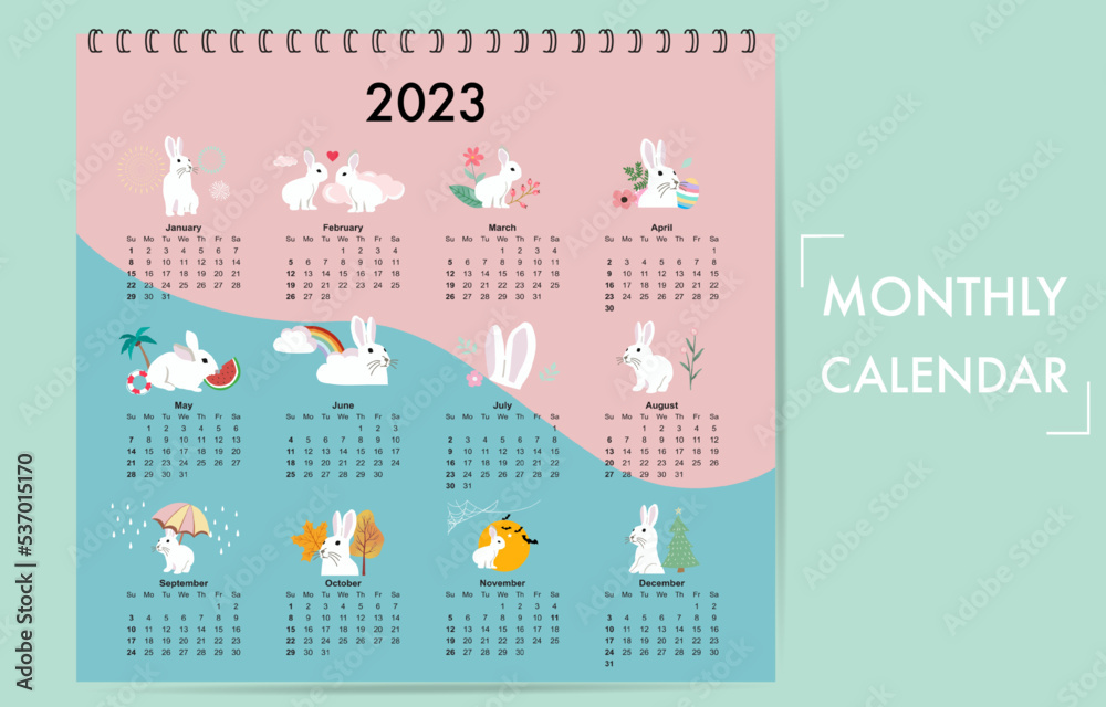 Cute seasonal holiday calendar 2023 with rabbit special festival