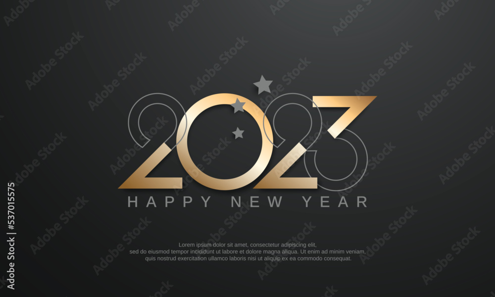 2023 new year trendy design with golden number on dark grey background