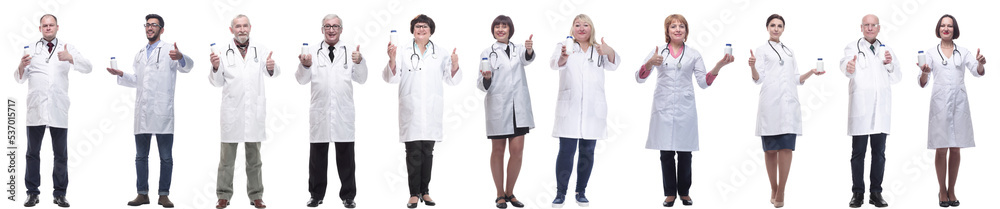 group of doctors holding jar isolated on white group of doctors holding jar isolated on white