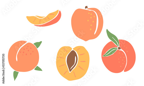 Seamless pattern with colored peaches. Decorative fruits and leaves.