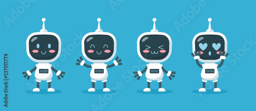 Cute cartoon robot set, cheerful android character - flat vector illustration isolated on blue background.