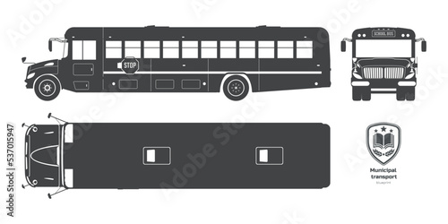 Isolated school bus black silhouette. Blueprint of municipal transport. Top, side, front vehicle view. Academy lorry drawing. Industrial clipart