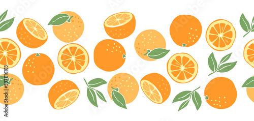 Seamless pattern with ripe oranges. Decorative fruits and leaves.