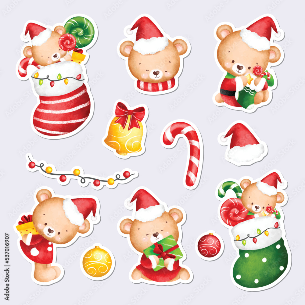 Watercolor illustration printable Christmas stickers