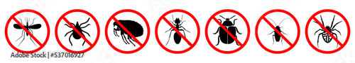 Insect ban signs set. Pest is forbidden. Prohibition of various parasitic insects. Red STOP sign. Vector illustration. photo
