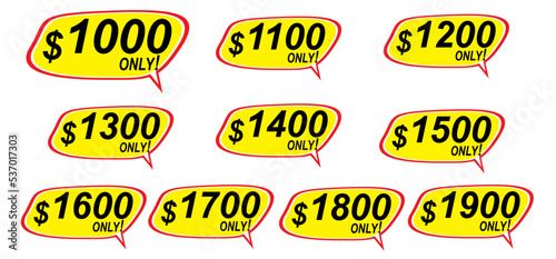 Discount sticker Template with 1000, 1100, 1200, 1300, 1400, 1500, 1600, 1700, 1800, 1900, only. Vector template design, Sale, price tag illustration