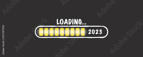 Download bar. 2022 loading, 2023 next year. Funny horizontal banner, for web or print. Text and symbols on black background. Poster or card template in doodle style. Vector illustration