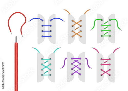Tying shoelaces on sports shoes, realistic vector illustrations set isolated.