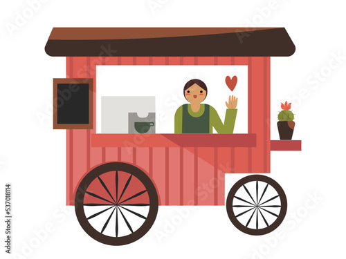 Cute coffee making and selling shop on the wheels with adorable male barista. Isolated vector illustration