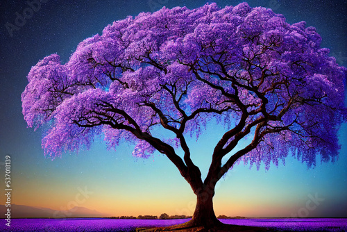 Fantasy giant purple tree, dramatic and colorful sky view, digital art painting. 3D illustration © ardanz