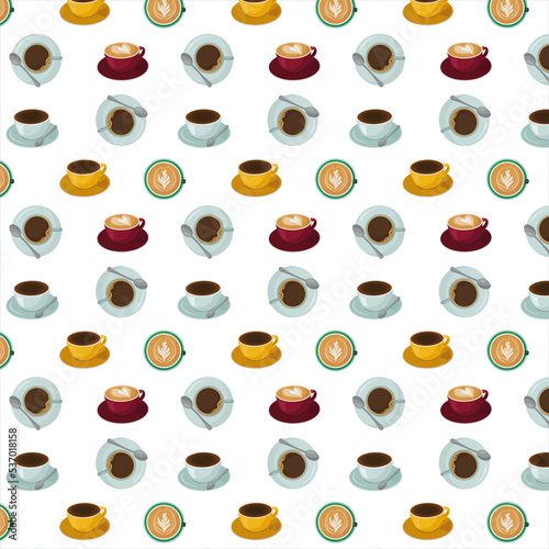 seamless pattern of colorful coffee cups on a white background. For wrapping paper, wallpaper, screensavers