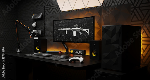 A general view of the comfortable workplace of a professional gamer and cybersprotsman. The interior is in dark colors. 3D render.