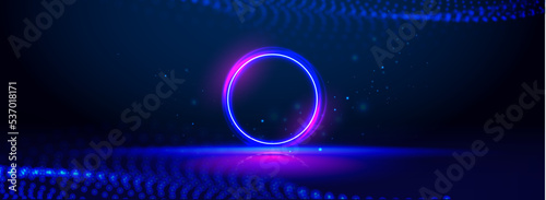 Wide panoramic background with glowing neon circle. Hi-tech background for display product. Futuristic technology product stand. Wide gaming, music, multimedia environment.