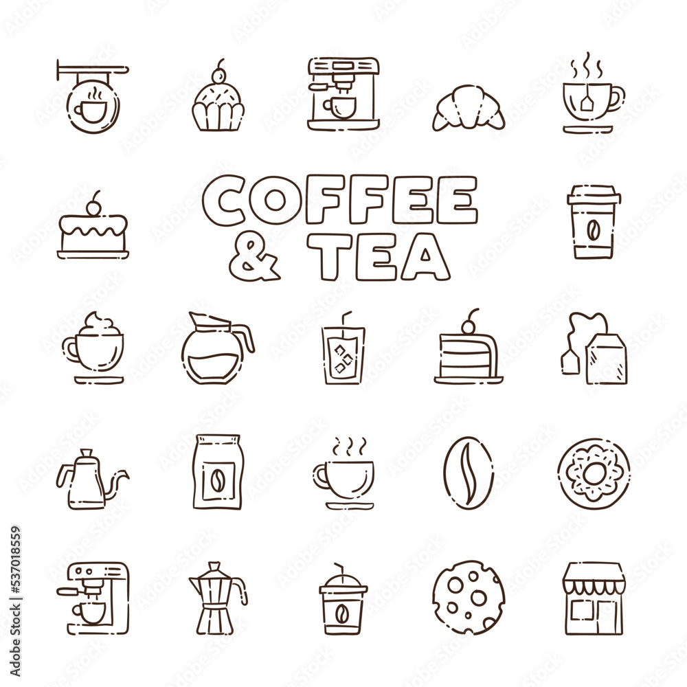 Cafe shop. Set of hand drawn coffee and tea doodles: drinks, desserts, beans and other related objects.