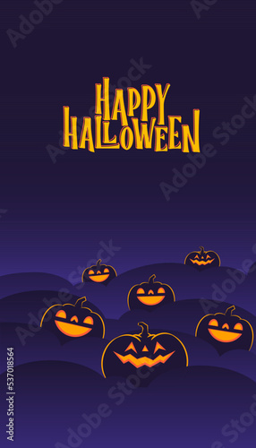Halloween banner. Dark scene with shinning carved pumpkins. Vertical design for social media posts.