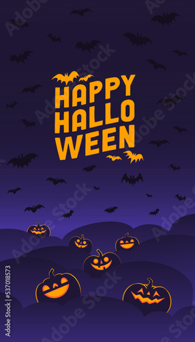 Halloween banner. Dark scene with shinning carved pumpkins. Vertical design for social media posts.