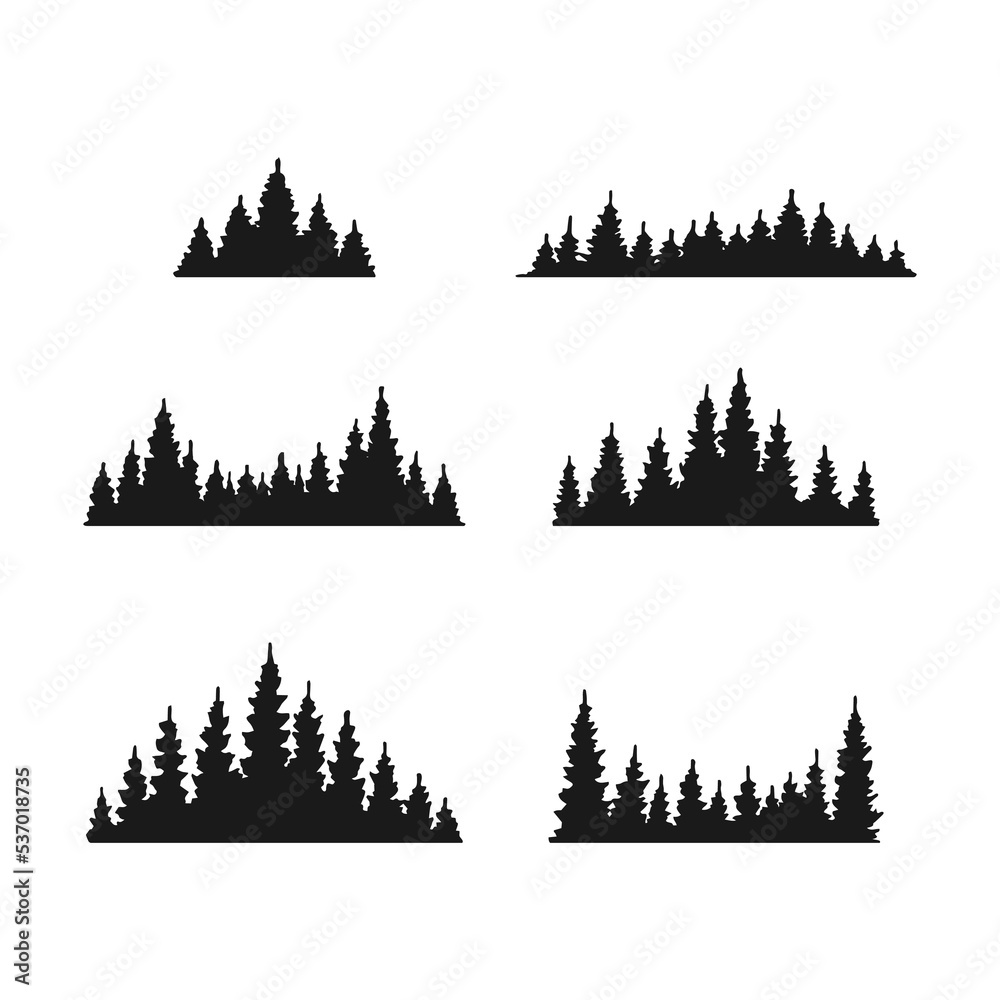 Fototapeta premium Set of pine trees forest silhouette isolated on white background. Hand drawn vector illustration.