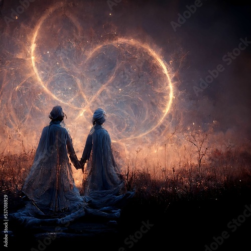 2 soulmates holding hands in front of eternal quantum energy