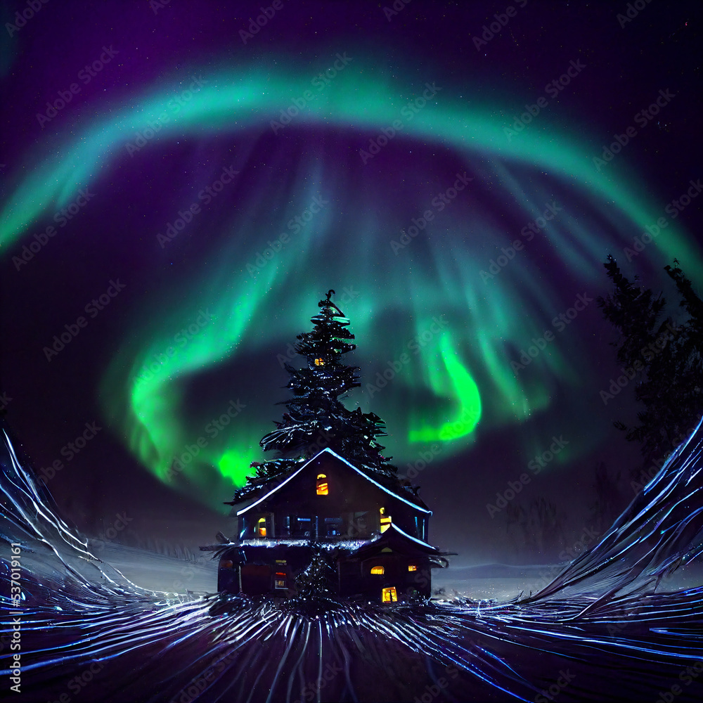 A Christmas story of pine trees, decorations, falling snow, with a sprinkling of fractals and northern lights