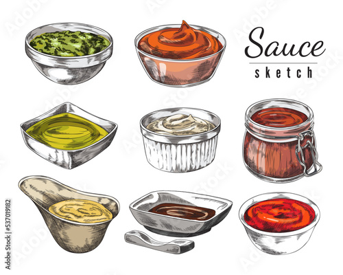 Food sauces and condiments in dip bowls, sketch vector illustration isolated.