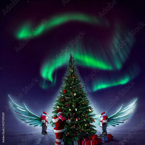 A Christmas story of pine trees, decorations, falling snow, with a sprinkling of fractals and northern lights photo