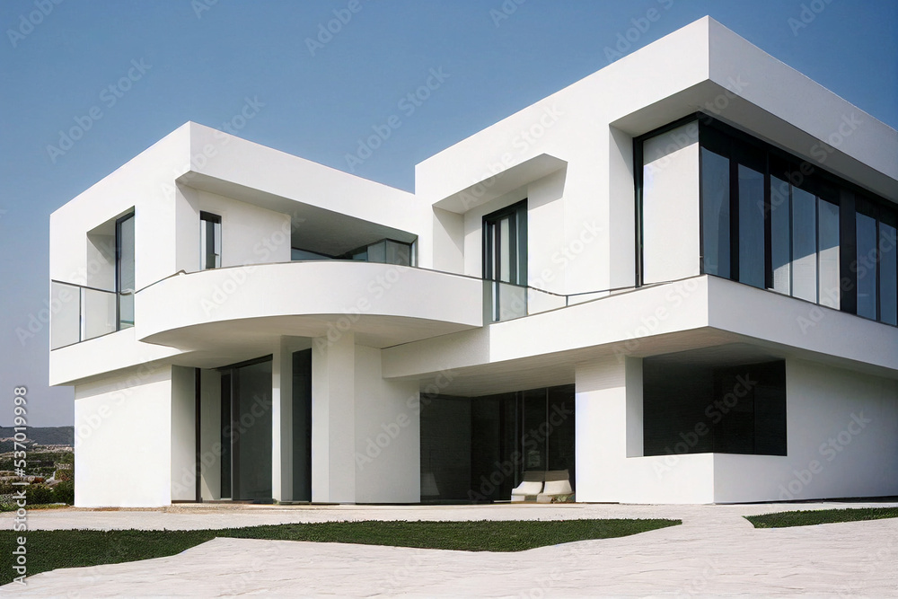 Simple, modern and elegant house exterior design concept in white color. 3D rendering