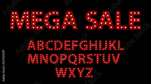Mega sale. Red letters with luminous glowing lightbulbs. Vector typography words design. Bright signboard signage.