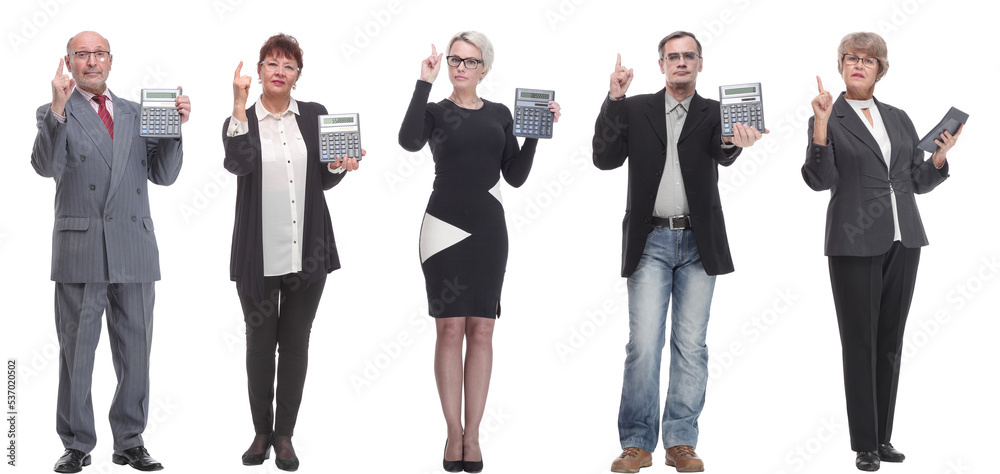 Collage of people with calculator isolated on white Collage of people with calculator isolated on white