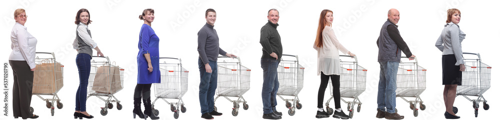 group of people with cart isolated on white group of people with cart isolated on white