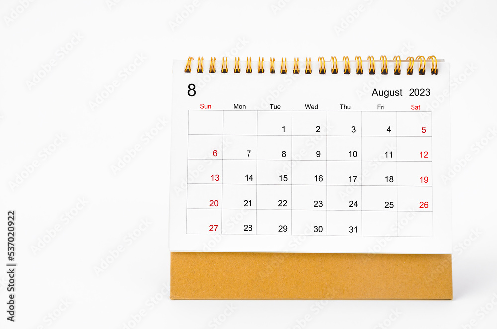 The August 2023 Monthly desk calendar for 2023 year isolated on white background. The August 2023 Monthly desk calendar for 2023 year isolated on white background.