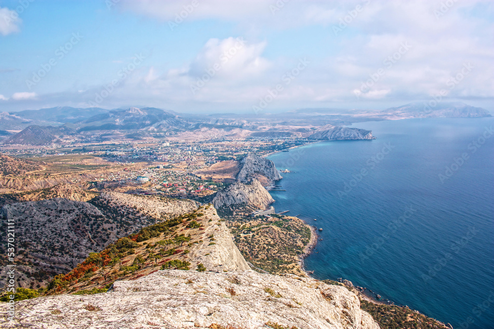 View from Sokol Mountain to the city of Sudak and the sea bay
