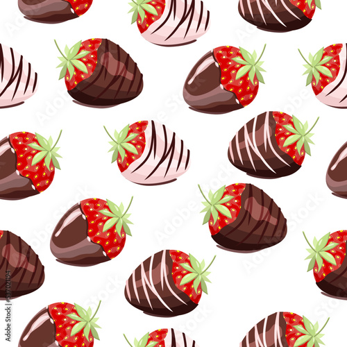 Seamless pattern of strawberries in dark and white chocolate, colorful vector pattern on a white background.Strawberry pattern can be used in greeting card designs,textiles,confectionery stores,packag