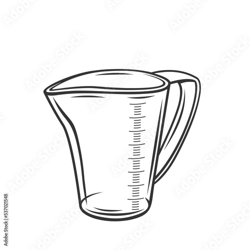 Measuring cup outline icon vector illustration. Line kitchen glass or plastic mug with scales and handle to measure powder or liquid products and cook recipe, hand drawn kitchenware tool for cooking