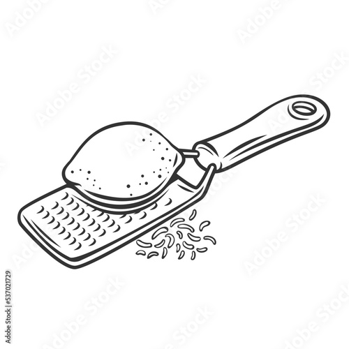 Lemon zest grater outline icon vector illustration. Line chefs tool for cooking in home or restaurant kitchen, kitchenware equipment for grating peel of lemon fruit to cook fish dish or pie recipe