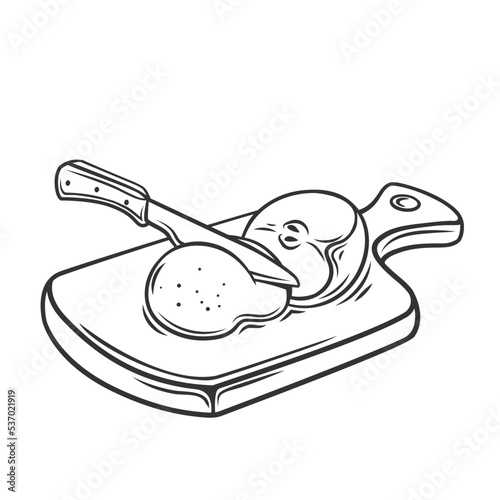 Knife cutting apple on board outline icon vector illustration. Black line cooking food process, chefs knife chopping fresh fruit, cut in slices on wood plank in restaurant or home kitchen table