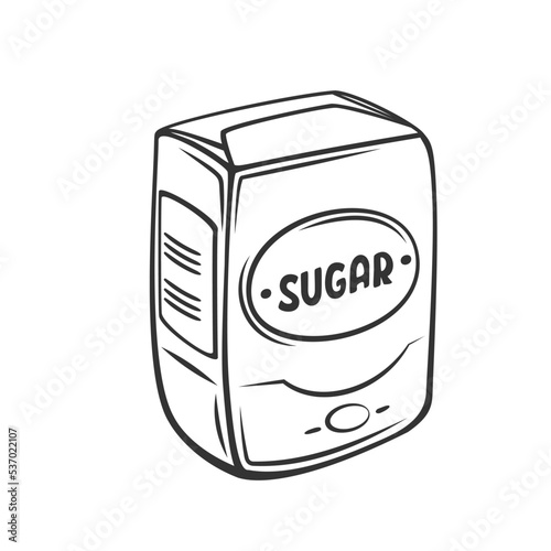 Sugar package outline icon vector illustration. Black line pack in paper wrapper with white powder or sand sugar for cooking dessert, food ingredient and grocery store or supermarket product