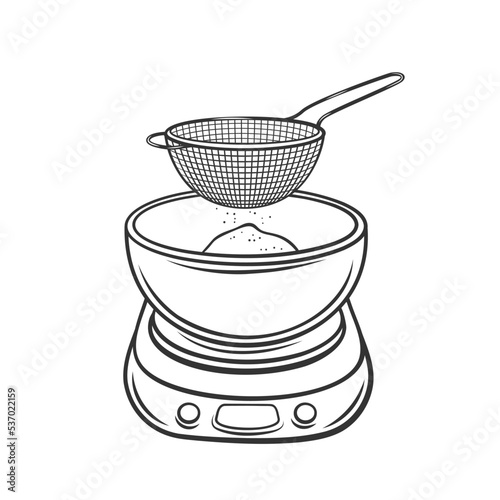 Sieve for sifting wheat flour into bowl on culinary scale outline icon vector illustration. Black line bakery sifter colander to sift sugar powder, flour or starch and make sweet cake, bread recipe