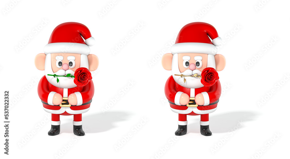 Santa Claus 3D cartoon character holds a rose in his mouth on white background 3d rendering. 3d illustration celebration christmas and cute new year festive design concept. Santa Claus 3D cartoon character holds a rose in his mouth on white background 3d rendering. 3d illustration celebration christmas and cute new year festive design concept.