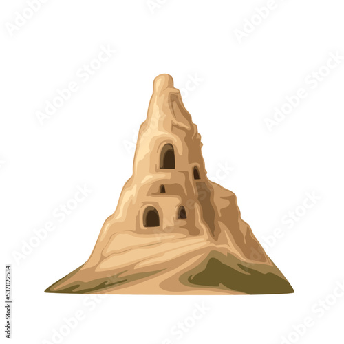 Rocks of Cappadocia, Turkey tuff vector illustration. Cartoon isolated mountain and hill with caves, famous canyon chimney in Turkish national park, Anatolian tourist landmark and sightseeing