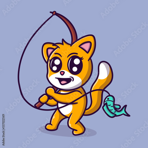 cute cat fishing cartoon vector icon illustration