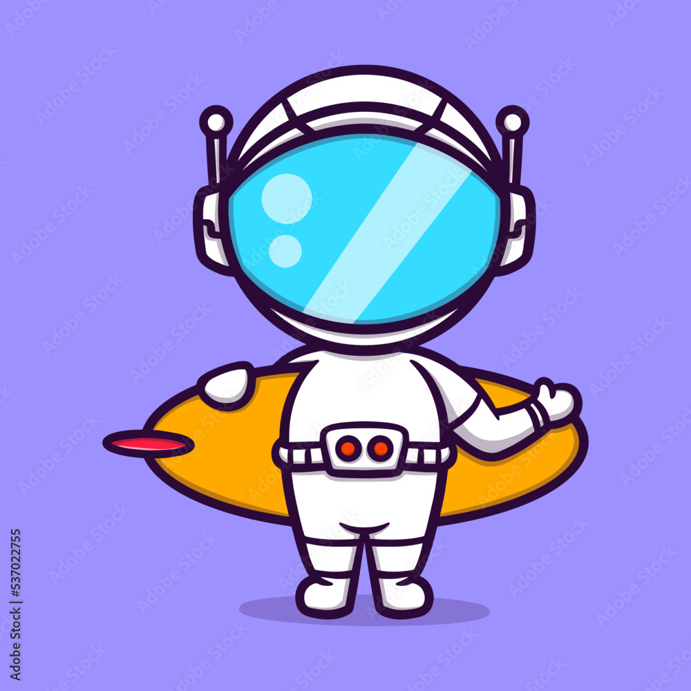 Cute astronaut with a surfing board cartoon vector icon illustration