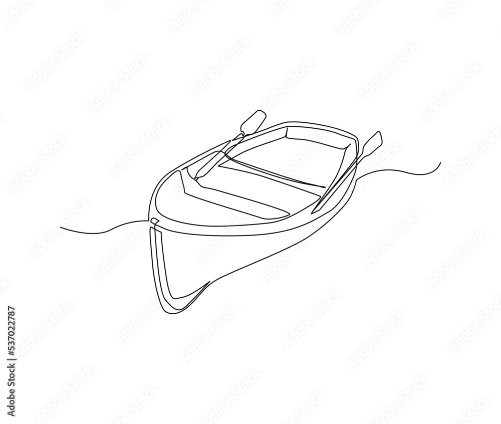 Continuous line art drawing of wooden fishing canoe. Wooden fishing