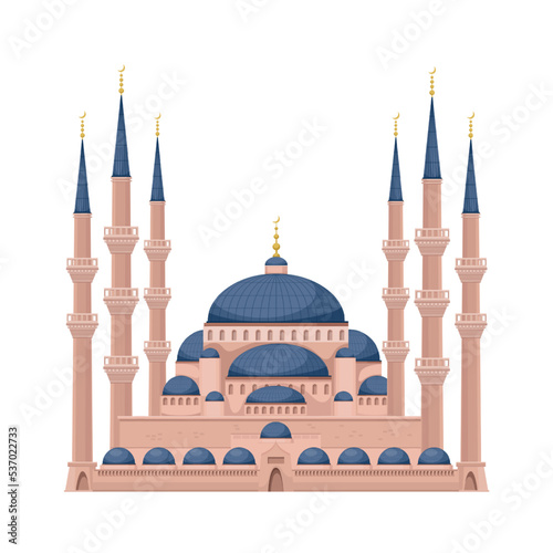Blue Mosque in Istanbul, travel to Turkey vector illustration. Cartoon isolated Turkish islamic landmark and tourists attraction, old Ottoman palace with silhouettes of minarets, gate and towers