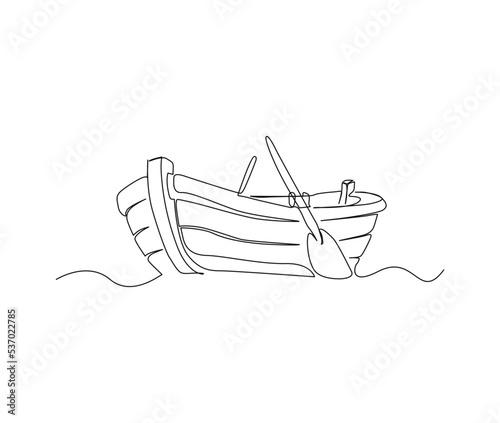 Continuous line art drawing of wooden fishing canoe. Wooden fishing Boat single line art drawing vector illustration.