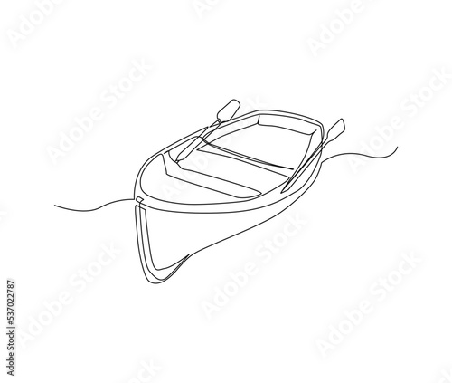 Continuous line art drawing of wooden fishing canoe. Wooden fishing Boat single line art drawing vector illustration.