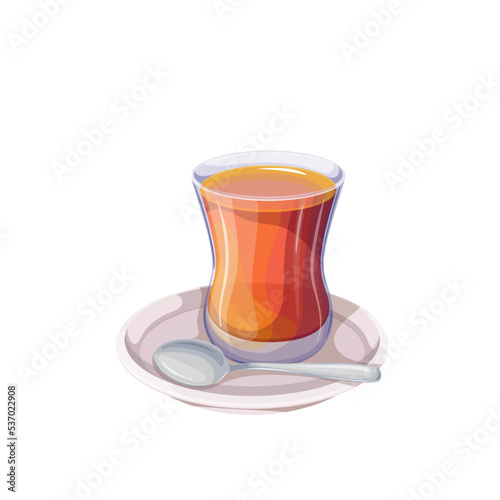 Turkish tea vector illustration. Cartoon isolated glass cup with traditional hot drink and teaspoon on plate, oriental red beverage brewing in tea time, restaurant and fast food cafe menu in Turkey