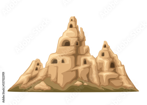 Mountain landscape in Cappadocia, Turkey tuff vector illustration. Cartoon Turkish rocky canyon with chimneys of cliffs and silhouettes of entrance holes, caves in rocks and abstract stone houses